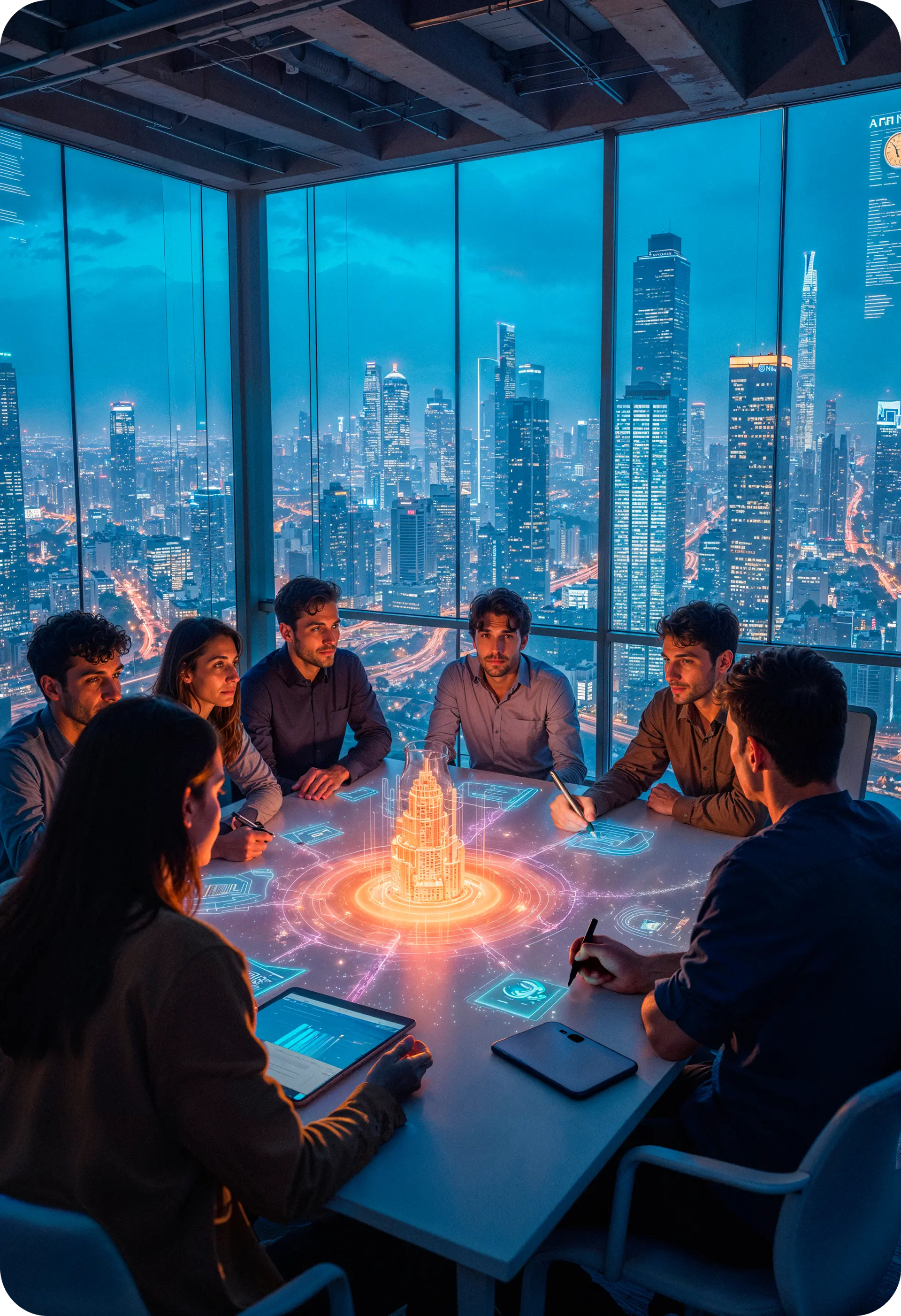 Team collaborating around interactive table with holographic 3D model in modern office